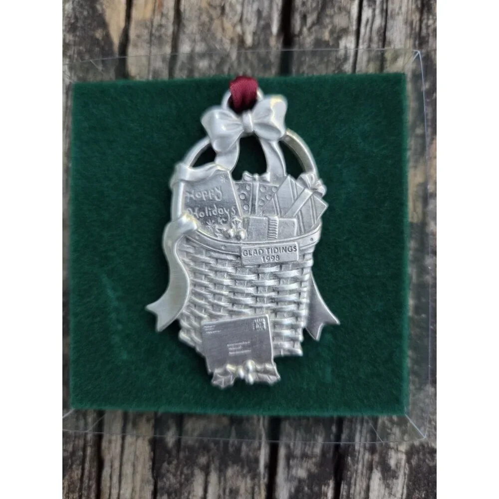 4 Longaberger Pewter Baskets 1998, 1999, 2000, 2002 Christmas Ornaments 77455‎